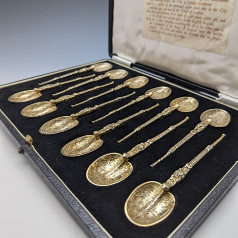 1936 年英國復古純銀膏藥勺 12 件套在一個盒子裡